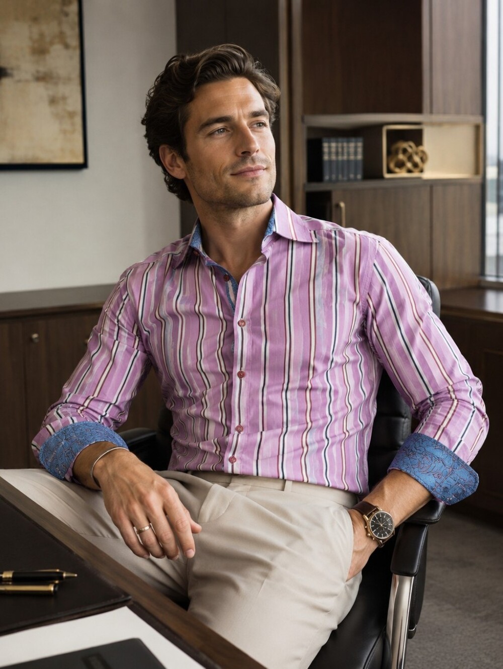 Robert Graham Men's Pink Striped Long Sleeve Shirt Blue Lining Collar Cuffs